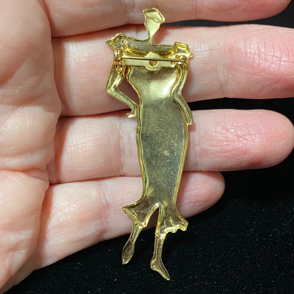 Elegant vintage Gold woman with blue and green accented Fashion Brooch pin